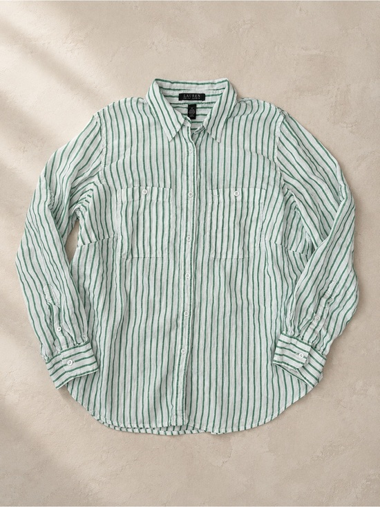 Ralph Lauren Other - Lauren Ralph Lauren 100% Linen Green White Stripe Button Front Shirt Roll Tab 1X